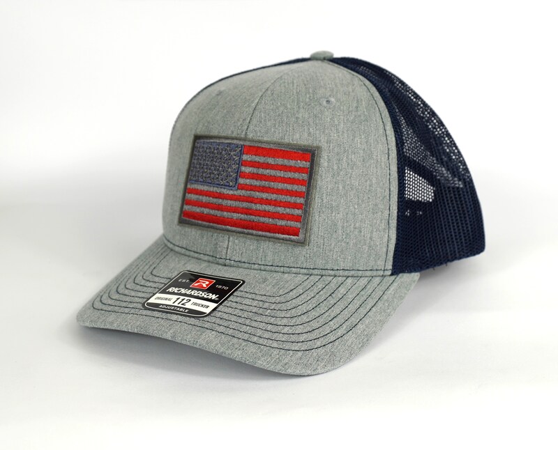 American Flag Trucker Hat Heather Grey on Navy